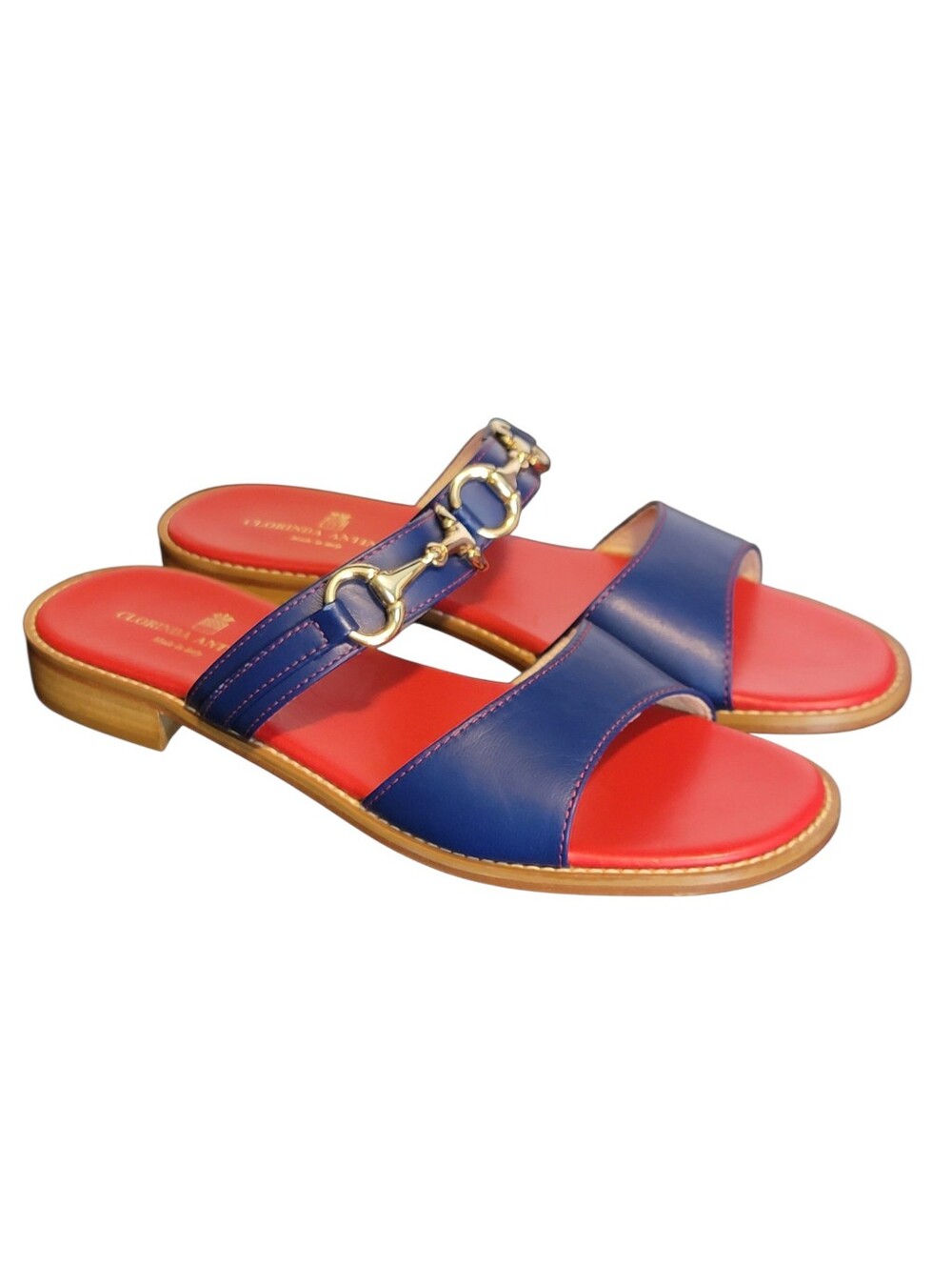 NEW CLORINDA ANTINORI Navy Blue Leather Slide Sandals Gold Horsebit 38 US 8
